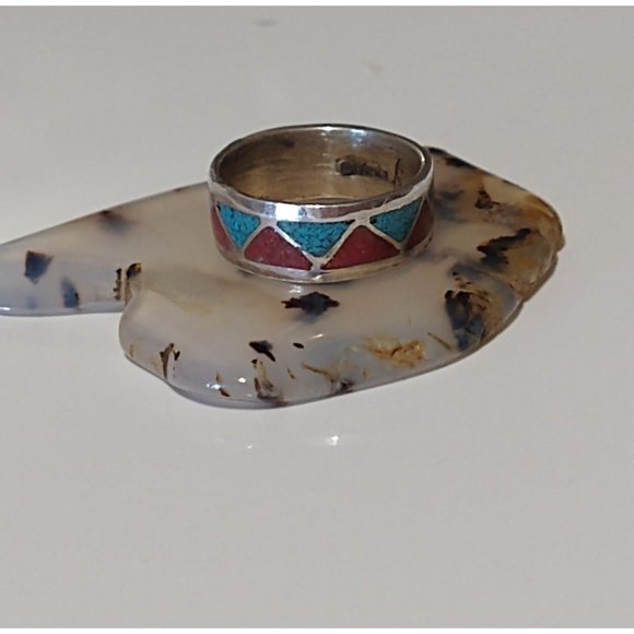 Turquoise Coral Chip Inlay Native American Sterling Silver Ring Size: 3 - Picture 2 of 10